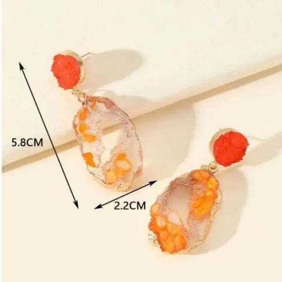 Color Block Orange Geode Inspired Women's Fashion Dangle Earrings - Picture 3 of 9